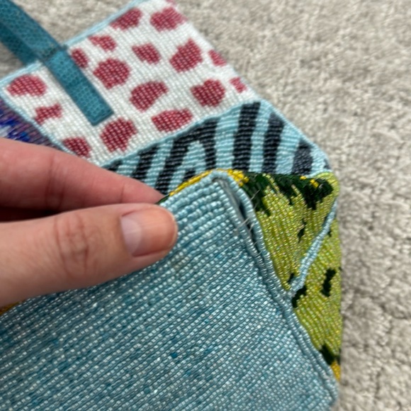 Fully beaded multicolor patchwork mini tote bag pattern zip top European - Picture 7 of 12